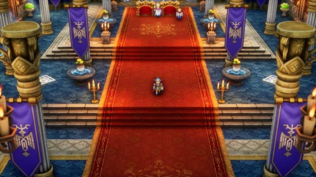 A small armored character stands on a red carpet in an ornate throne room with purple banners and golden thrones, evoking the classic style of the Dragon Quest I & II HD-2D Remake.