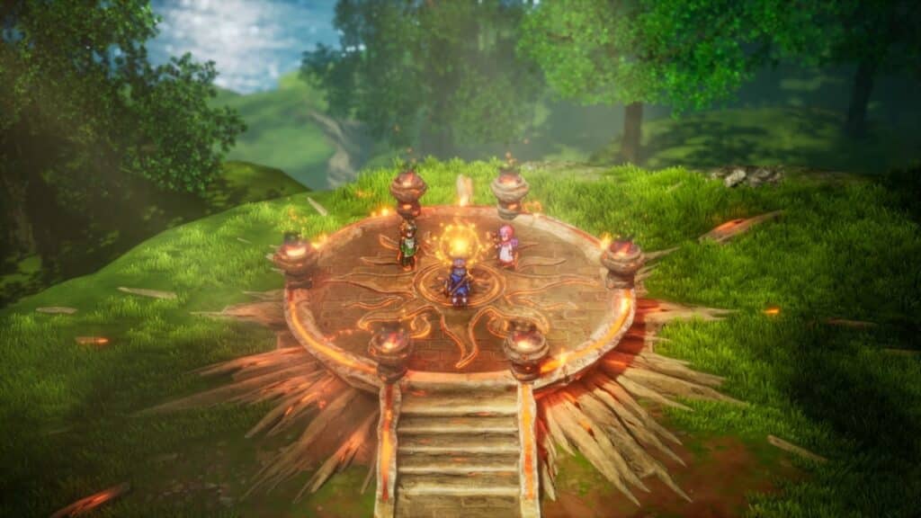 Four characters stand on a glowing, circular stone platform with flames, surrounded by lush green trees, in the vibrant world of the Dragon Quest I & II HD-2D Remake.