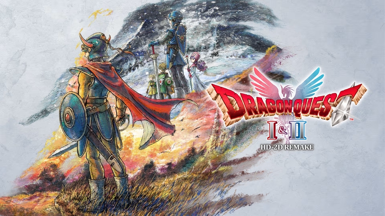 A knight in armor faces a fiery path, with the Dragon Quest I & II HD-2D Remake title shining boldly on the right.