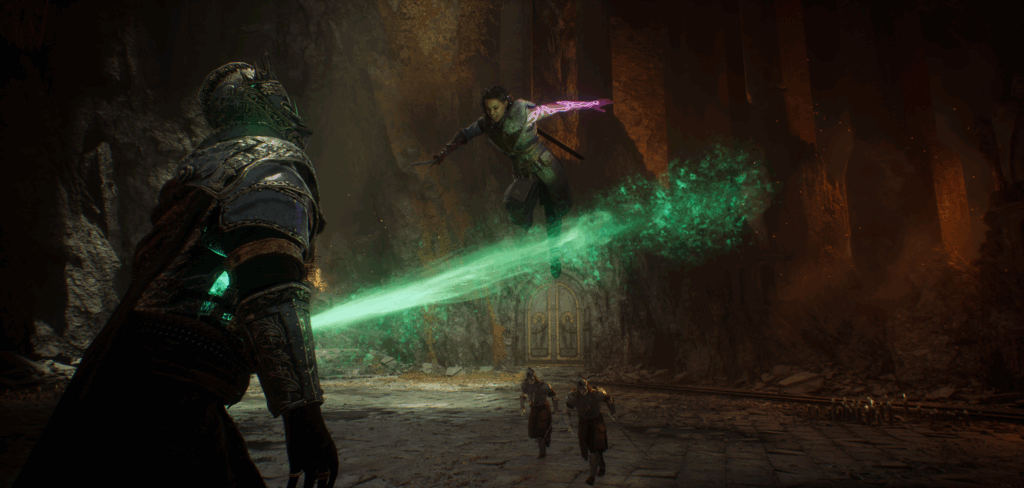 A knight fires a green magical beam at a floating enemy in a dark, cavernous setting, echoing the mystical power of Echoes of the End.