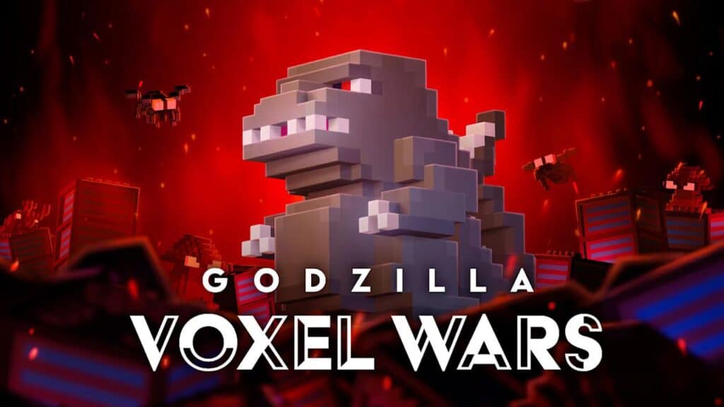 A blocky, gray Godzilla stands among red cubes under a fiery sky; text reads "Godzilla Voxel Wars," inspired by the intense battles and creativity found in Epic Games Store free games.