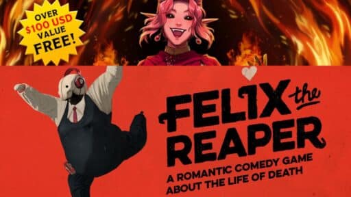 A cheerful demon girl above flames joins the fun as Felix the Reaper’s dancing masked character promotes Epic Games Store free games.