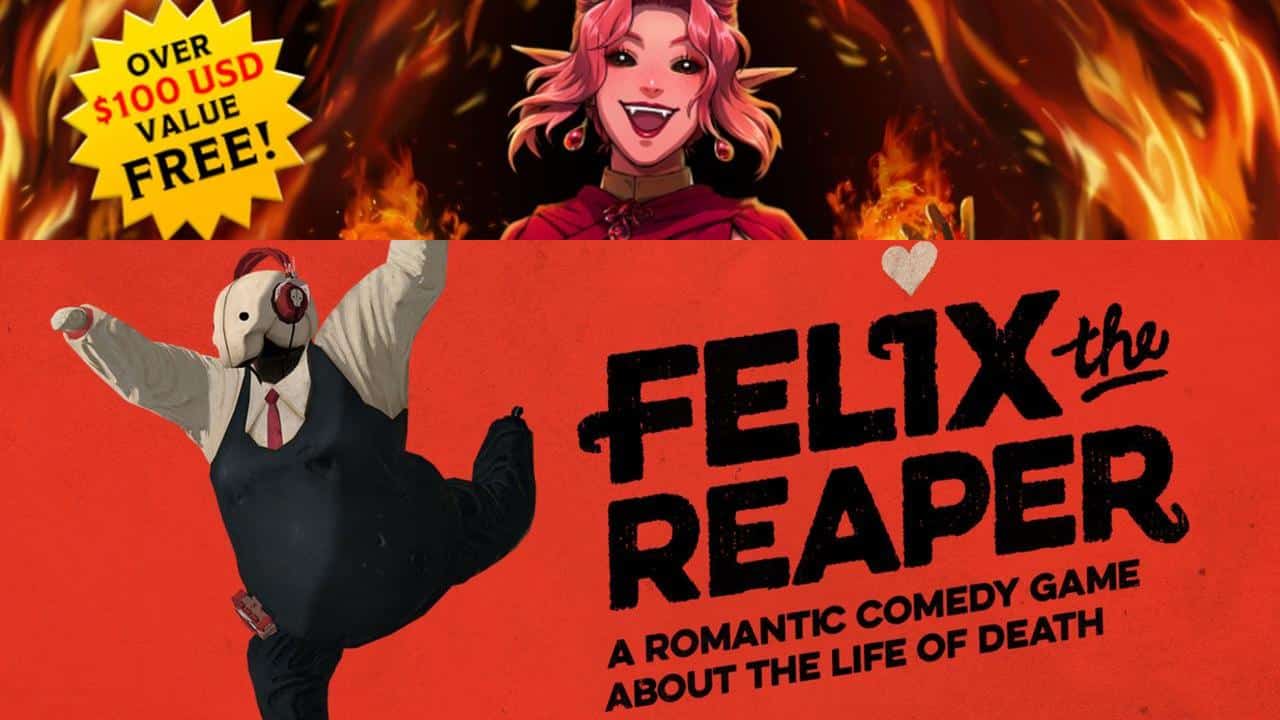 A cheerful demon girl above flames joins the fun as Felix the Reaper’s dancing masked character promotes Epic Games Store free games.