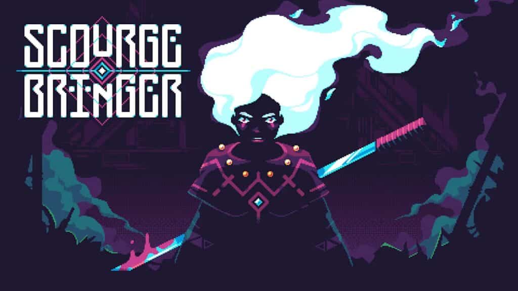 Pixel art of a white-haired warrior with swords, and "Scourge Bringer" text on a dark background—featured among Epic Games Store free games.