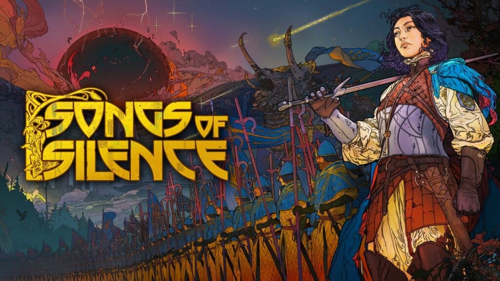 Fantasy artwork with a woman holding a flute and a line of soldiers; “Songs of Silence” in bold yellow text, inspired by the style seen in Epic Games Store free games.