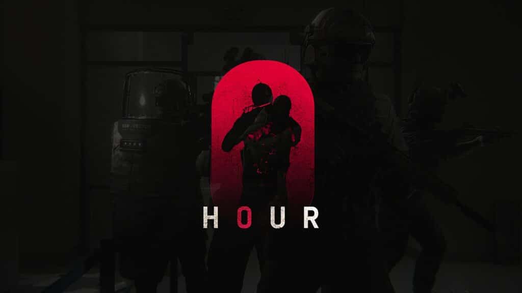 Silhouetted armed figures stand behind a red hourglass shape with the word "Zero HOUR" below it, evoking the suspense and thrill found in Epic Games Store free games.