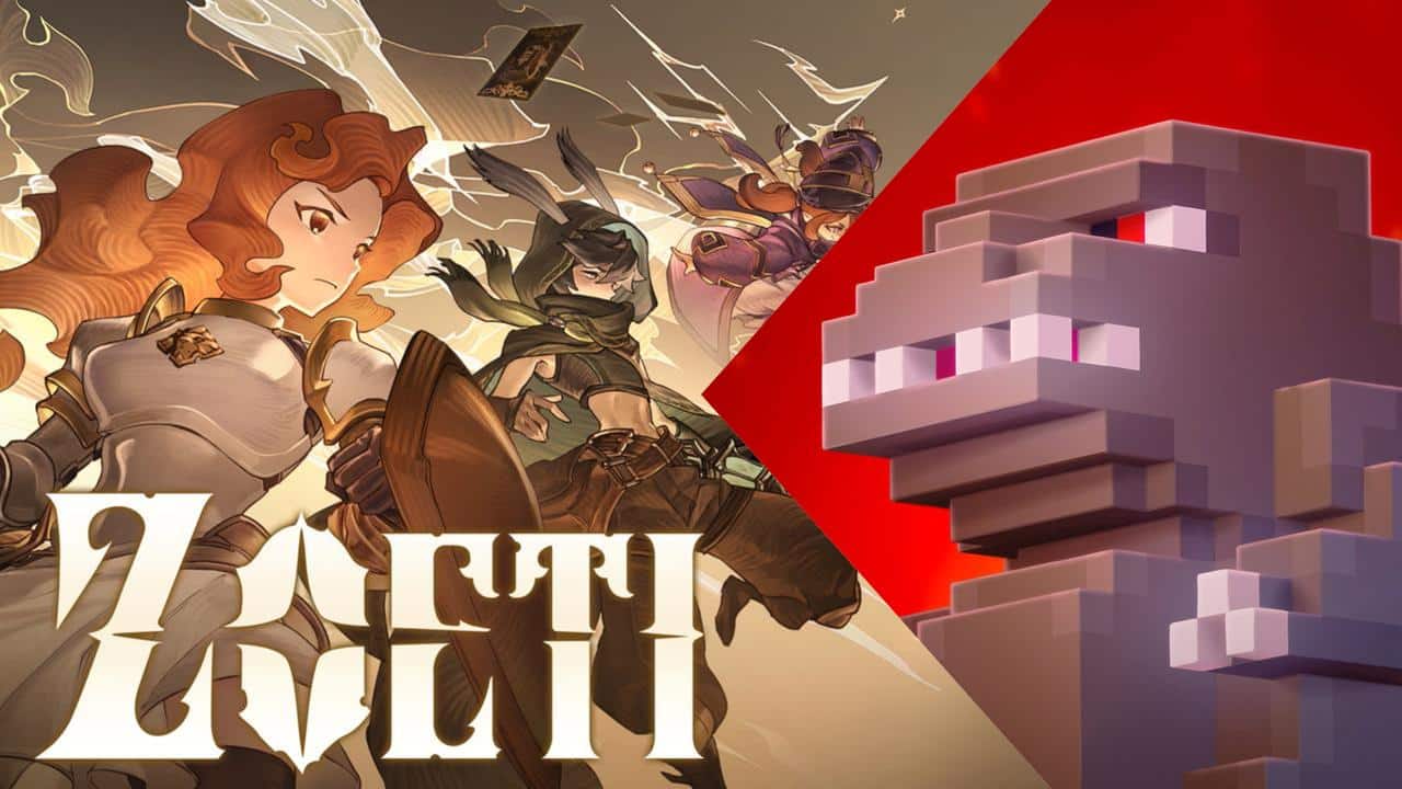 Stylized warriors with swords on left, pixelated dinosaur figure on right, and “Zenith” text in bold font.
