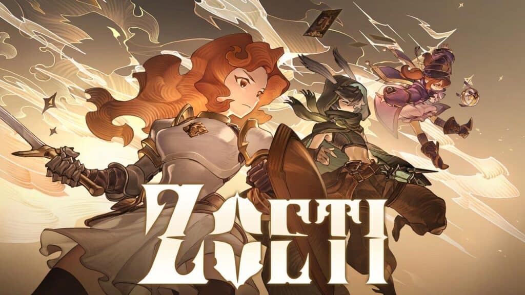 Three armored fantasy characters wield swords and magic, with "Zoeti" in bold text in the foreground—perfect for fans seeking new adventures like those found in Epic Games Store free games.