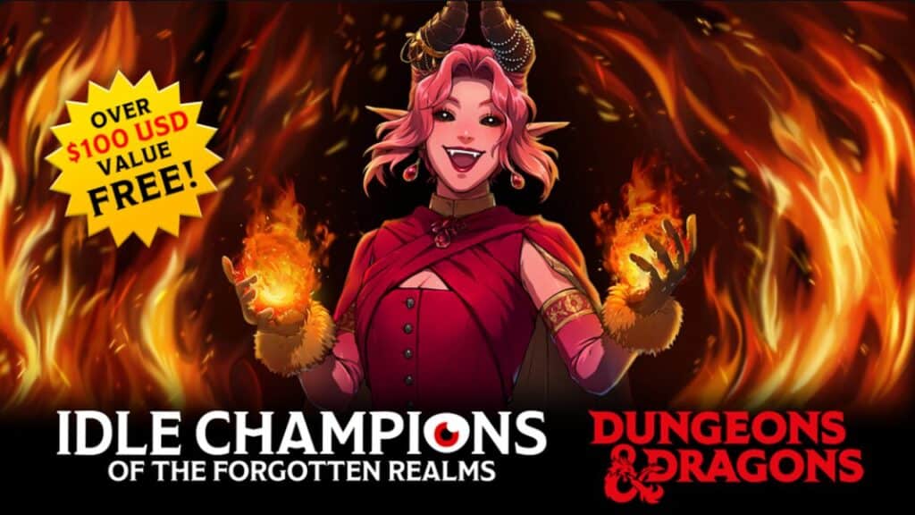 Smiling pink-haired character with horns holds fire, promoting Idle Champions and Dungeons & Dragons game, now featured among Epic Games Store free games.
