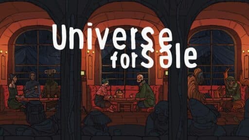 Illustrated café with people sitting at tables under warm lights; "Universe for Sale" text overlaid.