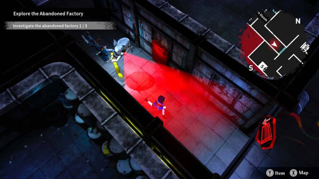 Shuten Order screenshot. A character hides from a patrolling robot in an abandoned factory, illuminated by red searchlight.