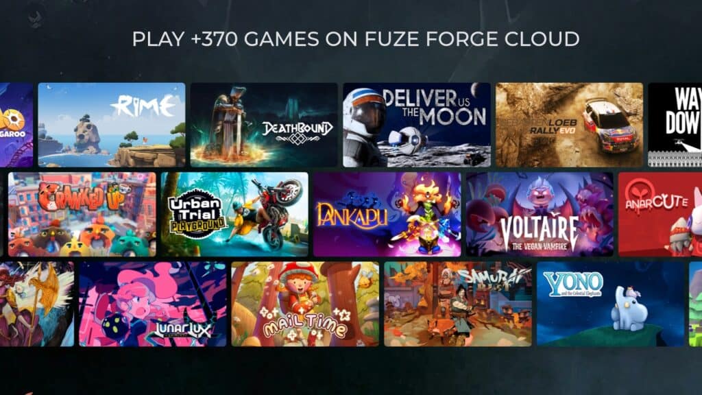 Game covers with titles like "Rime," "Deliver Us The Moon," and "Mail Time" showcased on a Fuze Forge Cloud Gaming Peru banner.
