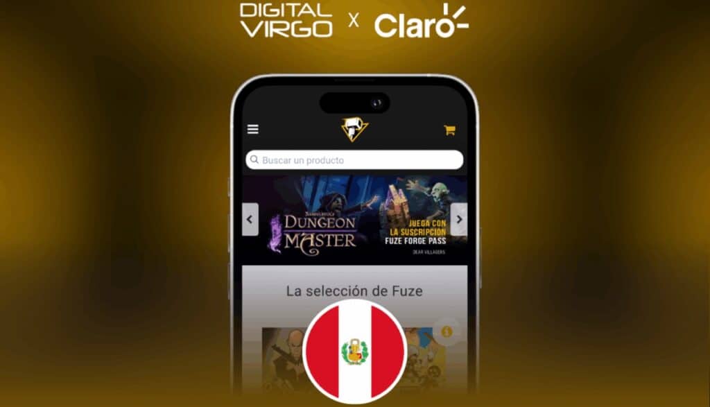 A smartphone displays the Fuze Forge Cloud Gaming Peru website, featuring the Peru flag and logos of Digital Virgo and Claro above.