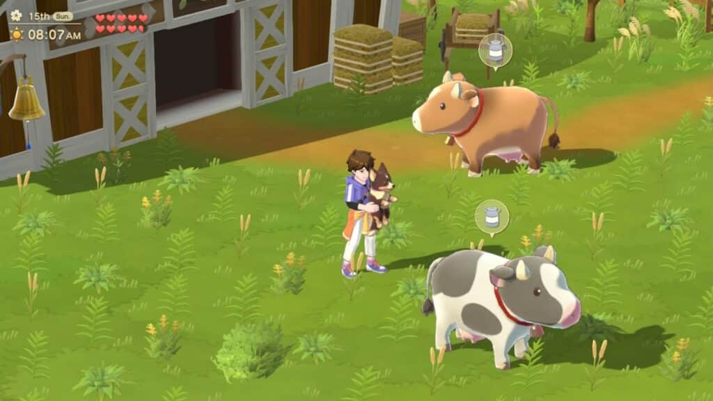 A character from Harvest Moon: Home Sweet Home Special Edition hugs a black and white cow on a farm, with another brown cow grazing nearby in the grassy area.