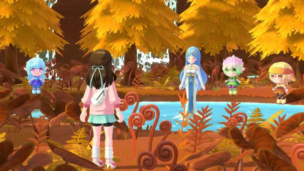 A girl faces four colorful, fantasy characters by a pond in an autumnal, animated forest, reminiscent of the cozy charm found in Harvest Moon: Home Sweet Home Special Edition.