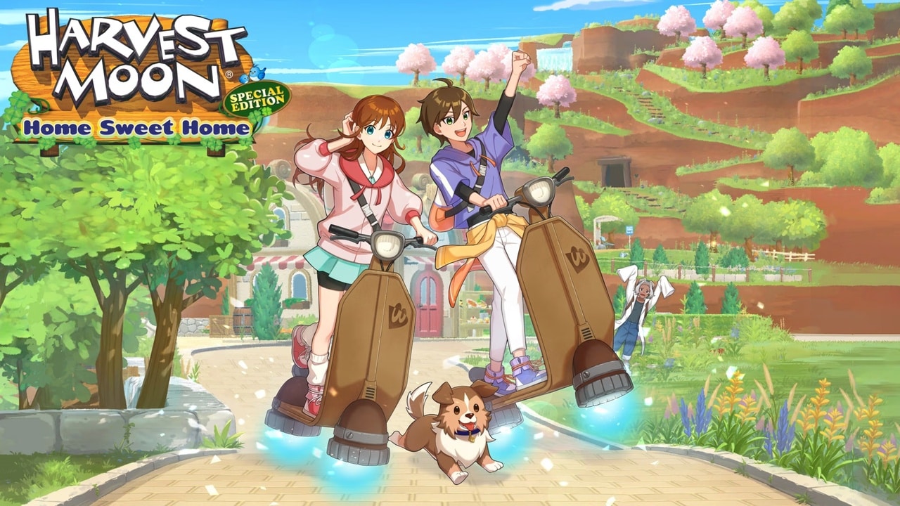 Two people ride scooters with a dog in front, set in the bright, colorful countryside of Harvest Moon: Home Sweet Home Special Edition.