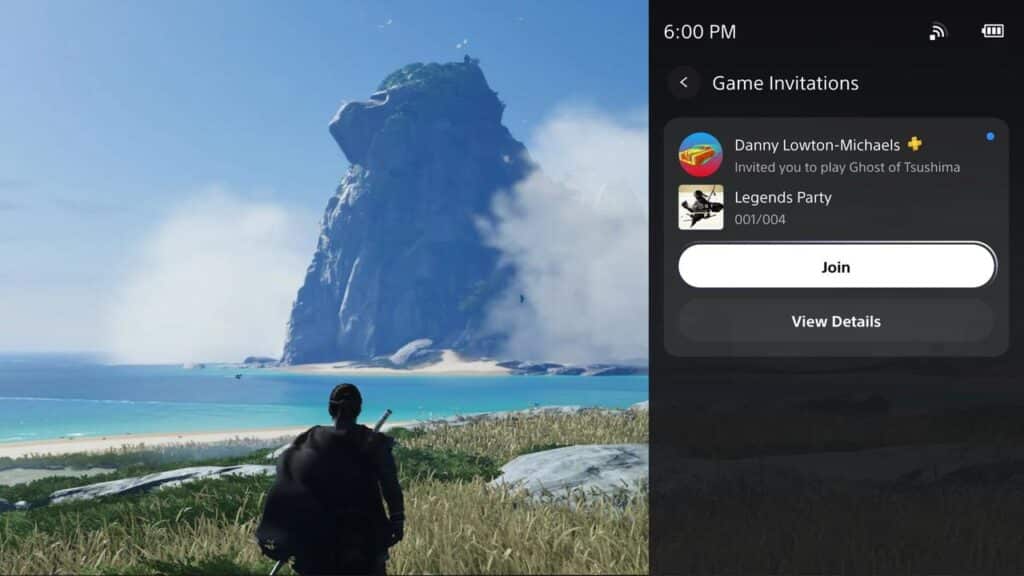 A game character stands on a grassy shore with a mountain ahead; a PlayStation Portal cloud streaming invite pops up on-screen.