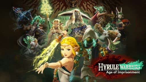 A group of fantasy warriors wielding weapons and magic stand ready for battle; text reads "Hyrule Warriors: Age of Imprisonment.