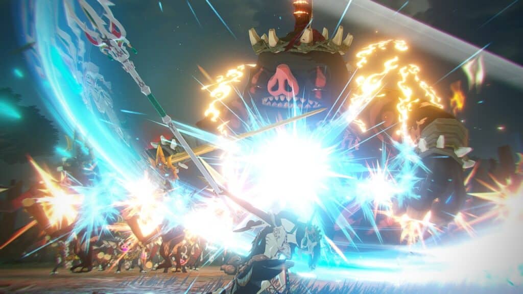 In Hyrule Warriors: Age of Imprisonment, a fearless warrior attacks a giant, glowing monster, unleashing bright blue and white energy bursts in an epic battle.