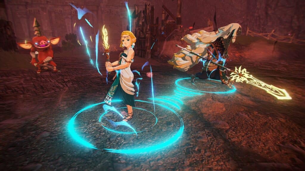 Princess Zelda with a glowing sword casts magic beside a warrior battling fiercely, while a red creature looms in the background—an epic scene inspired by Hyrule Warriors: Age of Imprisonment.