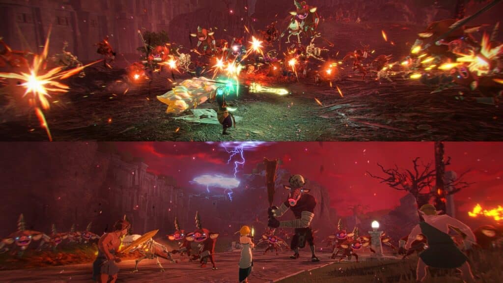 Split screen multiplayer screenshot from Hyrule Warriors: Age of Imprisonment, featuring glowing weapons, fierce monsters, and dramatic red lighting effects.