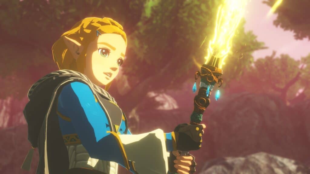 Princess Zelda from Hyrule Warriors: Age of Imprisonment holds a glowing, electrified sword in a lush, sunlit forest.