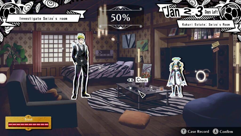 Shuten Order screenshot. A stylized game room scene with two characters, furniture, and an investigation menu on screen.