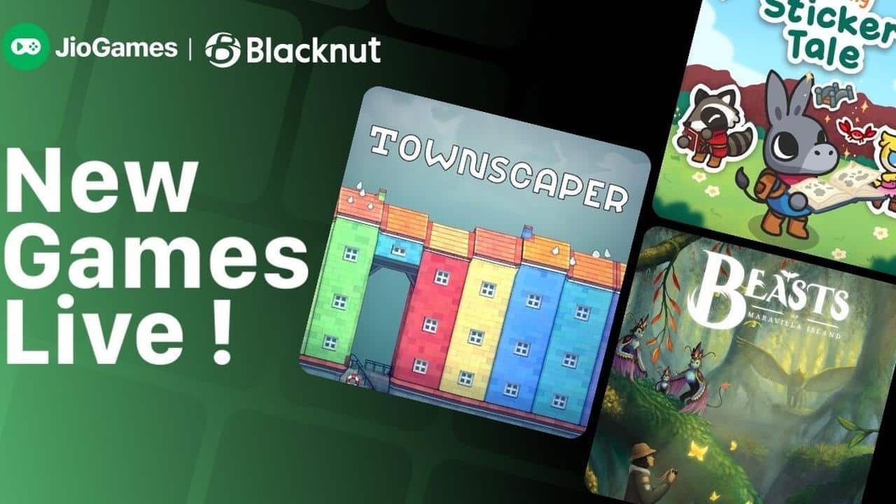 Three colorful game covers with the text "New Games Live!" and logos for JioGames, Blacknut, and JioGames Cloud new games.