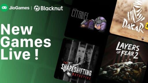 Promotional graphic for JioGames and Blacknut showing covers of new games now available, including four game titles.