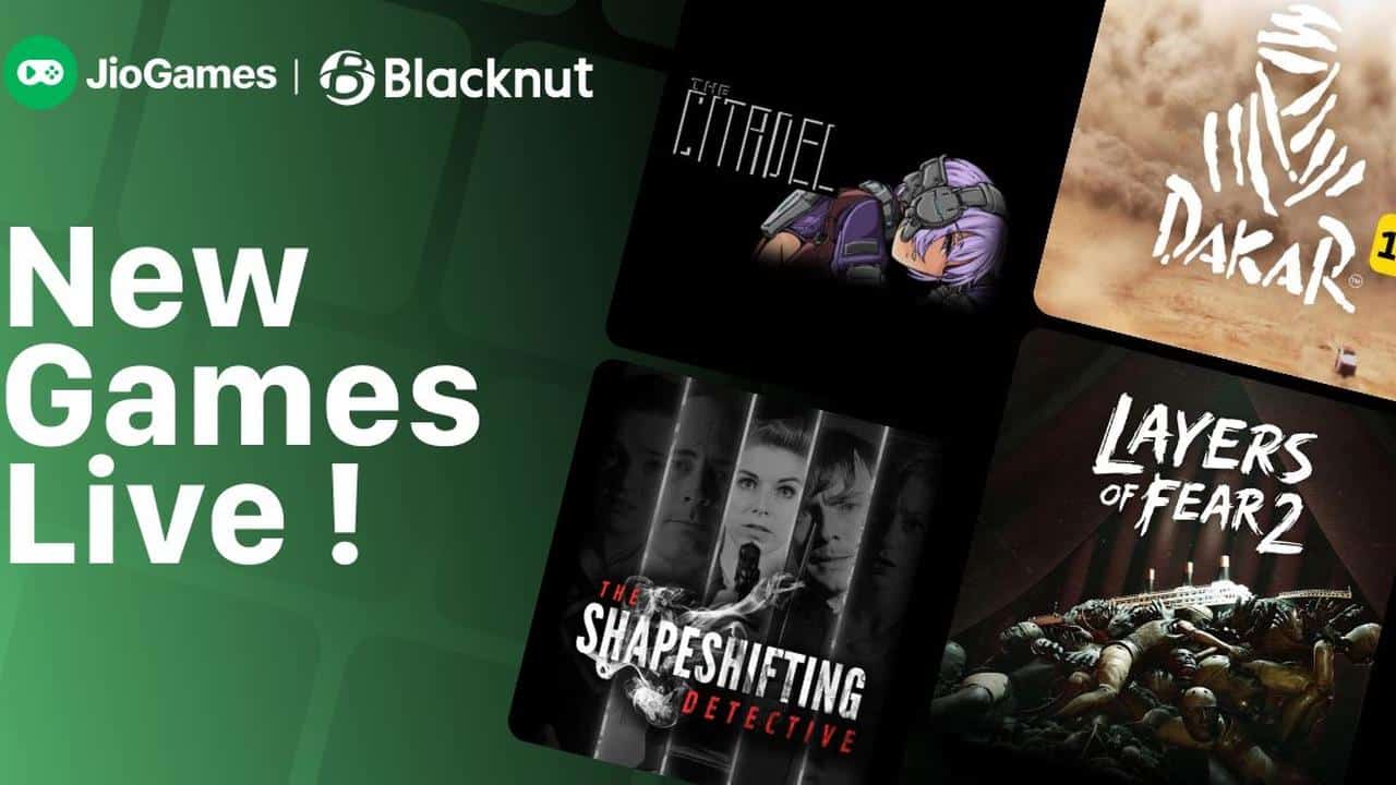 Promotional graphic for JioGames and Blacknut showing covers of new games now available, including four game titles.