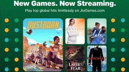 New games on JioGames Cloud Gaming: Dustborn, The Complex, Lake, Layers of Fear, and Fahrenheit game covers shown.