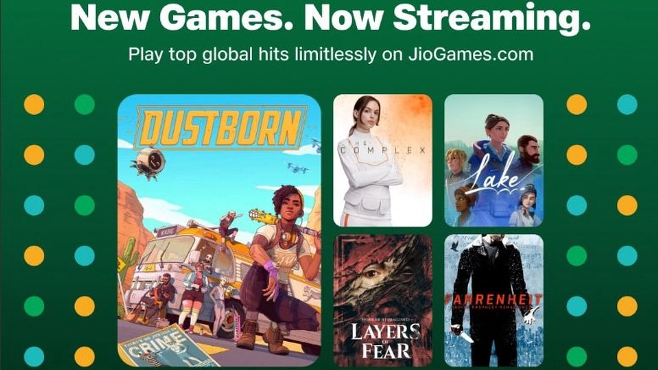 New games on JioGames Cloud Gaming: Dustborn, The Complex, Lake, Layers of Fear, and Fahrenheit game covers shown.