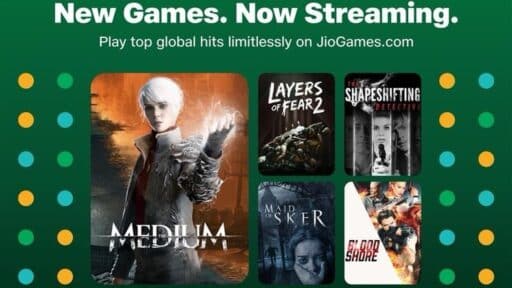 Five game covers with titles including Medium, Layers of Fear 2, The Shapeshifting Detective, Maid of Sker, and Bloodshore—now available as JioGames Cloud new games.