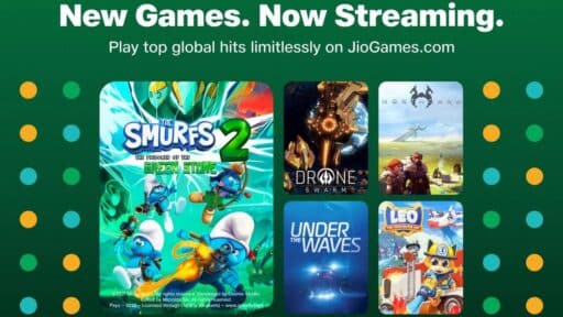 Six game covers, including The Smurfs 2, with text: "New Games. Now Streaming" and JioGames Cloud new games branding on JioGames.com.