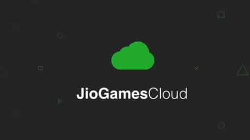 JioGamesCloud logo with a green cloud icon on a dark background featuring small geometric shapes, highlighting JioGames Cloud new games.
