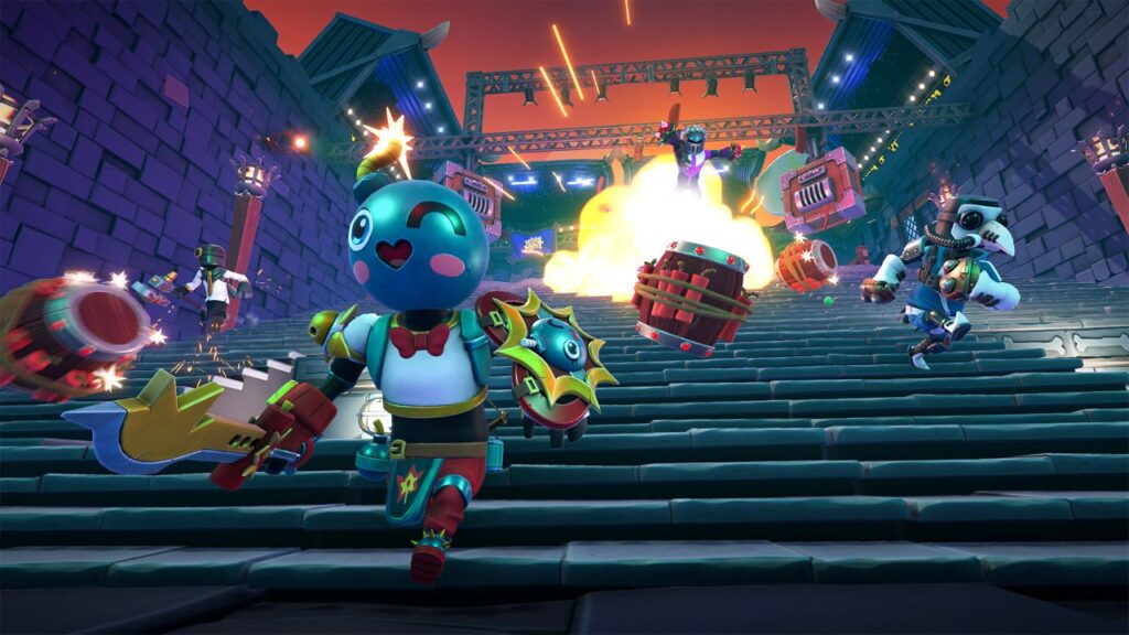 Cartoon warriors in masks run down temple steps as explosions and barrels fly behind them in a colorful action scene.