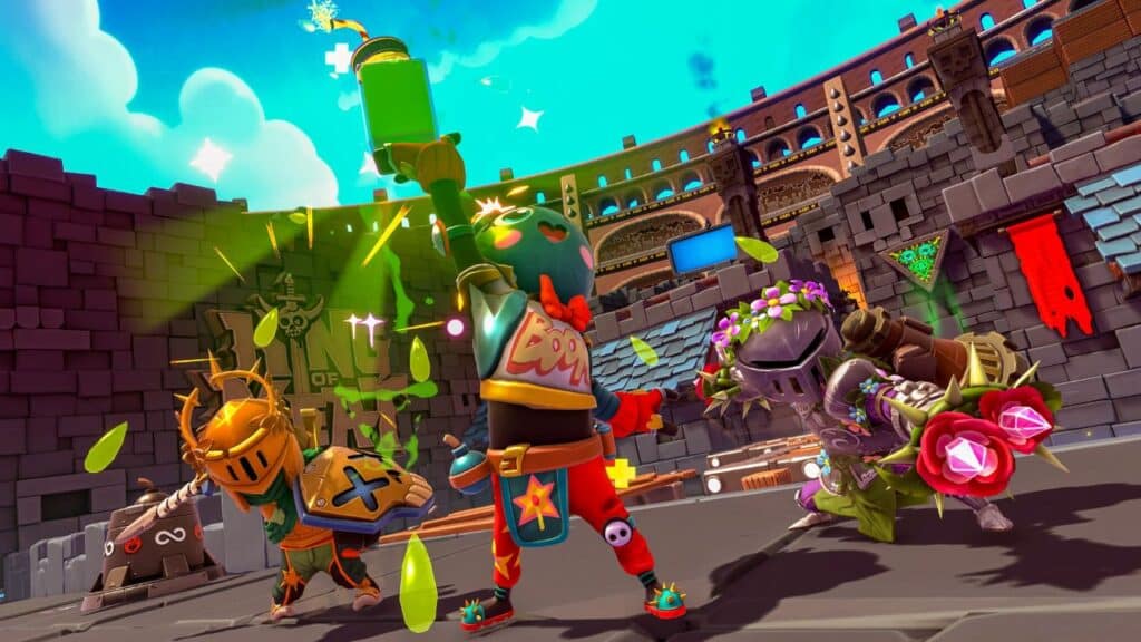 Three colorful, cartoon knights celebrate in an arena, raising weapons and flowers amid bright lights and confetti.