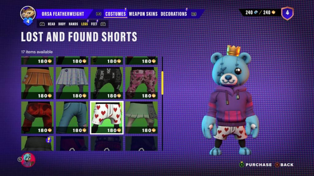 Video game screen showing a blue bear character in a hoodie and shorts, browsing clothing options.