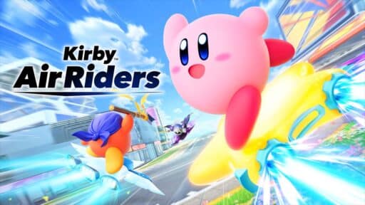 Kirby and friends race on flying stars through a colorful city, capturing the excitement of Kirby Air Riders. The "Kirby Air Riders" text appears boldly on the left.