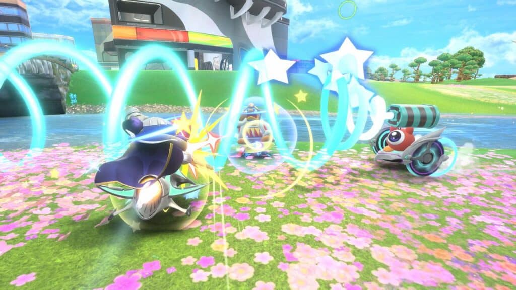 Colorful animated creatures, inspired by Kirby Air Riders, battle with energy blasts on a field of pink flowers with a river in the background.