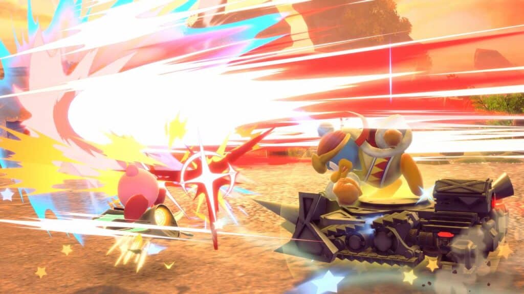 Kirby Air Riders excitement erupts as Kirby attacks King Dedede, who is riding a tank, amid bright, colorful action streaks in a dynamic battle scene.