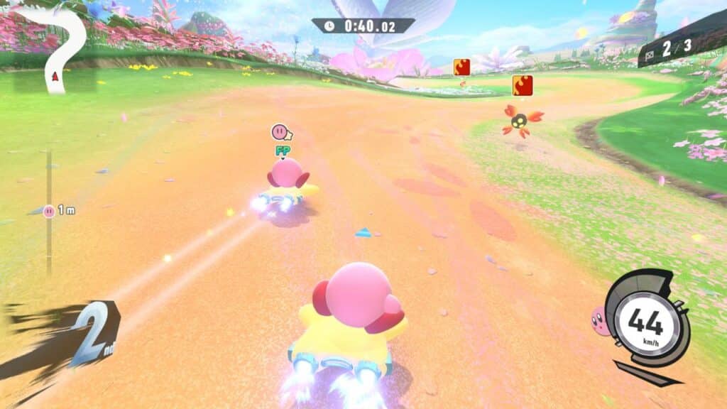 Kirby from Kirby Air Riders races on a star-shaped kart along a colorful, winding track in a video game.