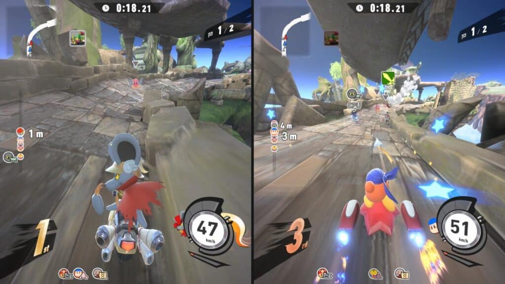 Split-screen view of a colorful kart racing game, reminiscent of Kirby Air Riders, shows two players racing side by side on a winding, rocky track.