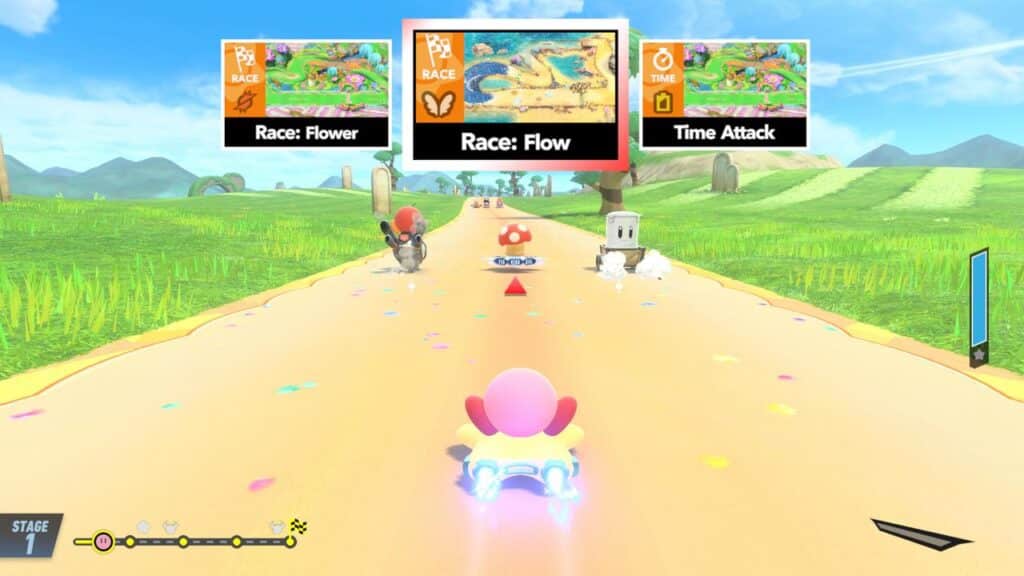 Kirby from Kirby Air Riders races in a car along a colorful path, with game mode options displayed above.