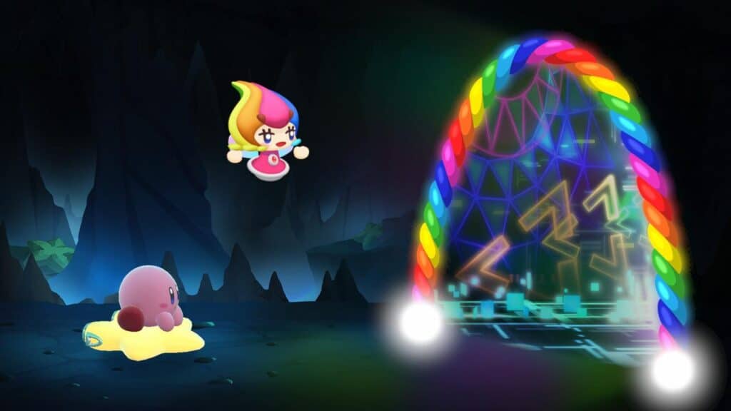Kirby and a floating clown face approach a glowing, rainbow-colored portal in a dark cave, evoking the whimsical adventure of Kirby Air Riders.