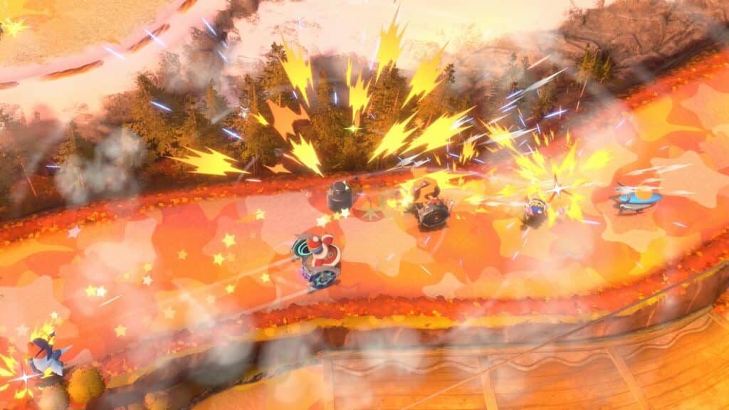 Colorful top-down view of cartoon vehicles racing on a track amid explosions, smoke, and bright effects, inspired by the fast-paced action of Kirby Air Riders.