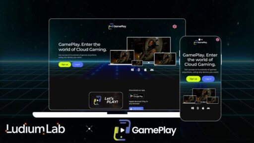 Website and mobile view of GamePlay’s cloud gaming platform, showcasing the sign-up and log-in options, highlights the Ludium Lab and GamePlay cloud gaming partnership.