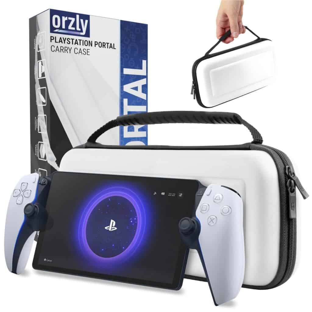 White Orzly carry case for PlayStation Portal, shown with the device inside and packaging in the background—one of the best PlayStation Portal accessories for safe and stylish transport.