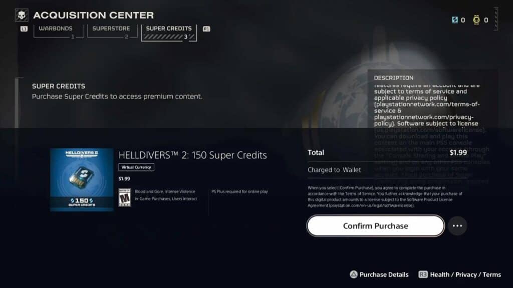A video game screen showing a purchase confirmation for HELLDIVERS 2: 150 Super Credits costing $1.99, seamlessly experienced through PlayStation Portal cloud streaming.