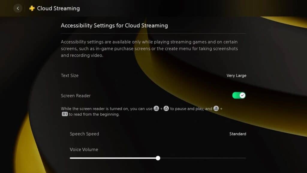 Accessibility settings menu for PlayStation Portal cloud streaming, with screen reader and text size options displayed.